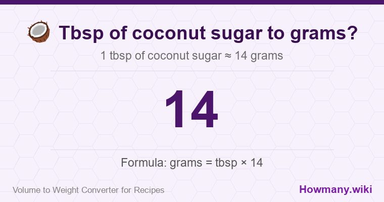 How to convert tbsp of coconut sugar to grams? 1 tbsp of coconut sugar ≈ 14 grams.