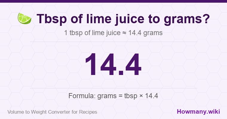 How to convert tbsp of lime juice to grams? 1 tbsp of lime juice ≈ 14.4 grams.