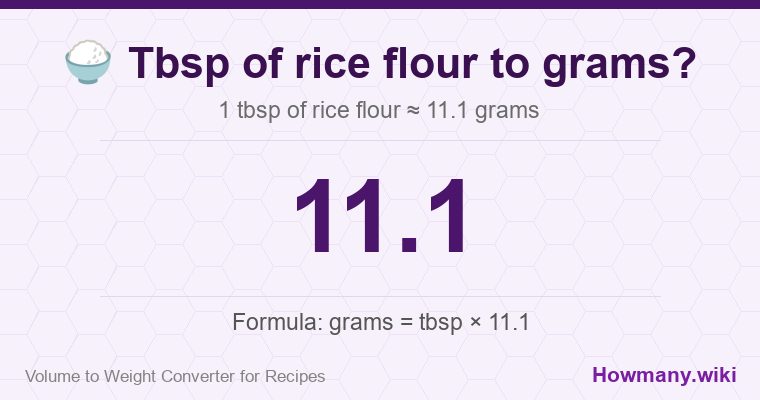 How to convert tbsp of rice flour to grams? 1 tbsp of rice flour ≈ 11.1 grams.