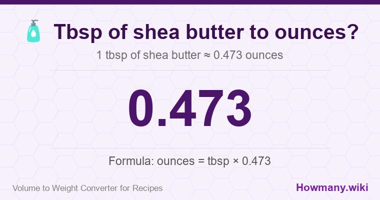 How to convert tbsp of shea butter to ounces? 1 tbsp of shea butter ≈ 0.473 ounces.