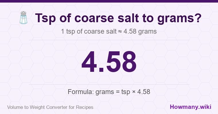 How to convert tsp of coarse salt to grams? How to convert tsp of coarse salt to grams? 1 tsp of coarse salt ≈ 4.58 grams.