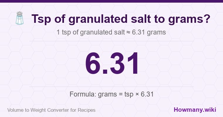How to convert tsp of granulated salt to grams? How to convert tsp of granulated salt to grams? 1 tsp of granulated salt ≈ 6.31 grams.