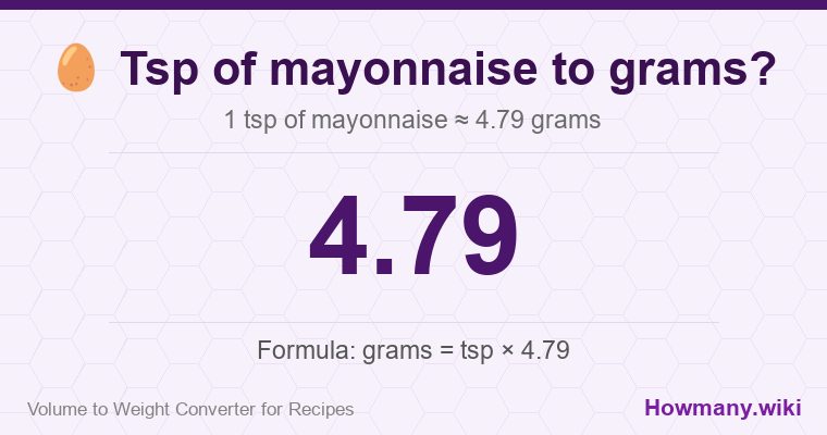 How to convert tsp of mayonnaise to grams? 1 tsp of mayonnaise ≈ 4.79 grams.