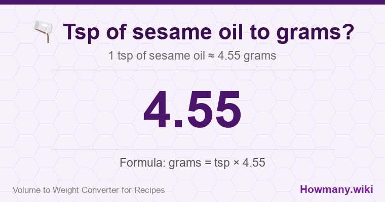How to convert tsp of sesame oil to grams? 1 tsp of sesame oil ≈ 4.55 grams.