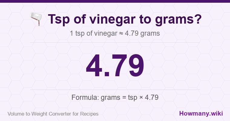 How to convert tsp of vinegar to grams? 1 tsp of vinegar ≈ 4.79 grams.