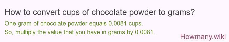 How to convert cups of chocolate, powder to grams? How to convert cups of chocolate, powder to grams?
