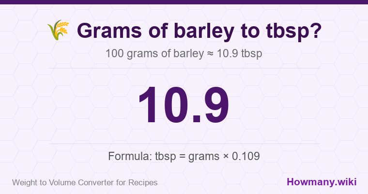 How to convert grams of barley to tbsp? 100 grams of barley ≈ 10.9 tbsp.