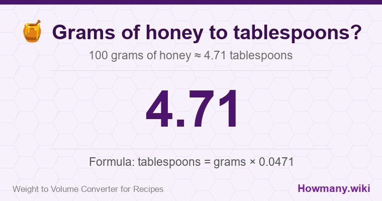 How to convert grams of honey to tablespoons? 100 grams of honey ≈ 4.71 tablespoons.