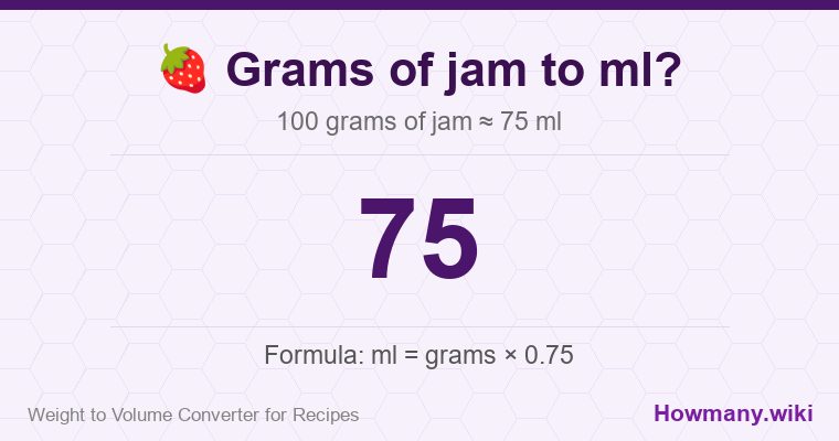 How to convert grams of jam to ml? How to convert grams of jam to ml? 100 grams of jam โ 75 ml.