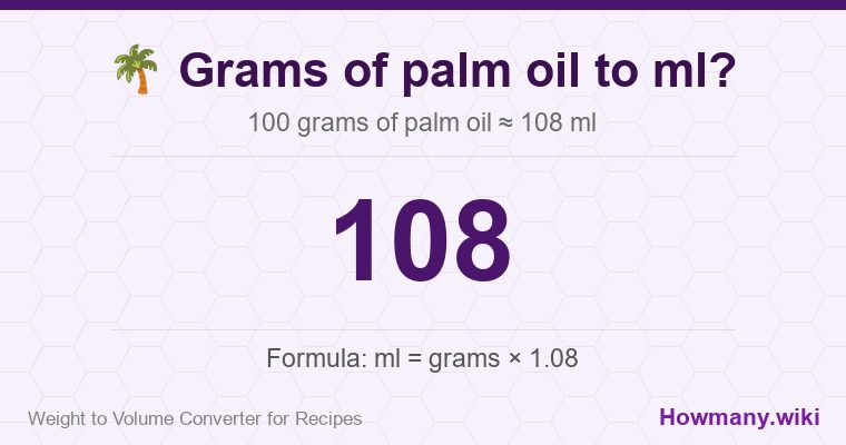 How to convert grams of palm oil to ml? How to convert grams of palm oil to ml? 100 grams of palm oil ≈ 108 ml.