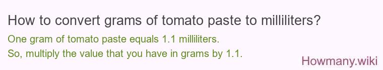 How to convert grams of tomato paste to milliliters? How to convert grams of tomato paste to milliliters?