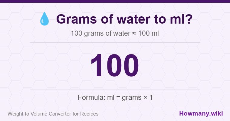 How to convert grams of water to ml? How to convert grams of water to ml? 100 grams of water ≈ 100 ml.