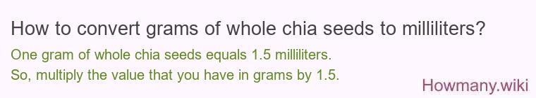 How to convert grams of whole chia seeds to milliliters? How to convert grams of whole chia seeds to milliliters?