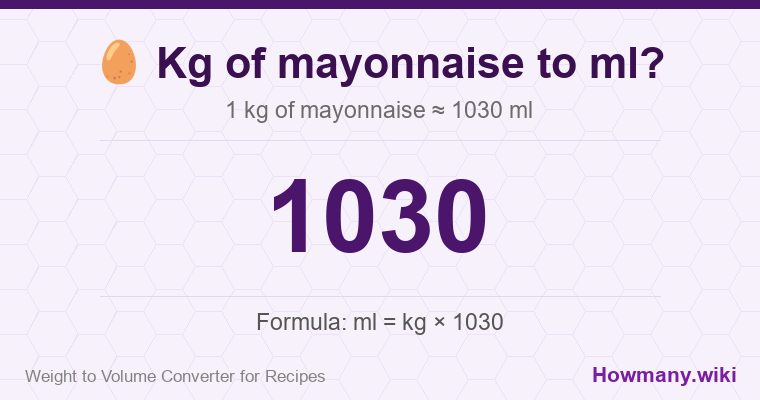 How to convert kg of mayonnaise to ml? 1 kg of mayonnaise ≈ 1030 ml.