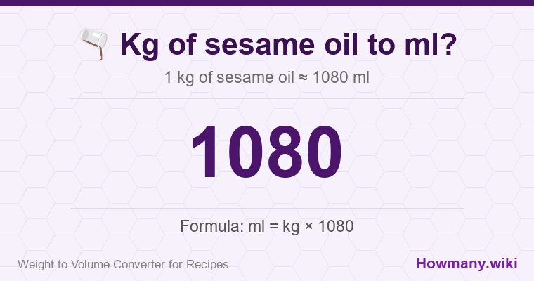 How to convert kg of sesame oil to ml? How to convert kg of sesame oil to ml? 1 kg of sesame oil ≈ 1080 ml.