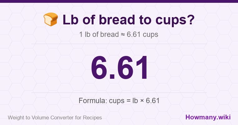 How to convert lb of bread to cups? 1 lb of bread ≈ 6.61 cups.