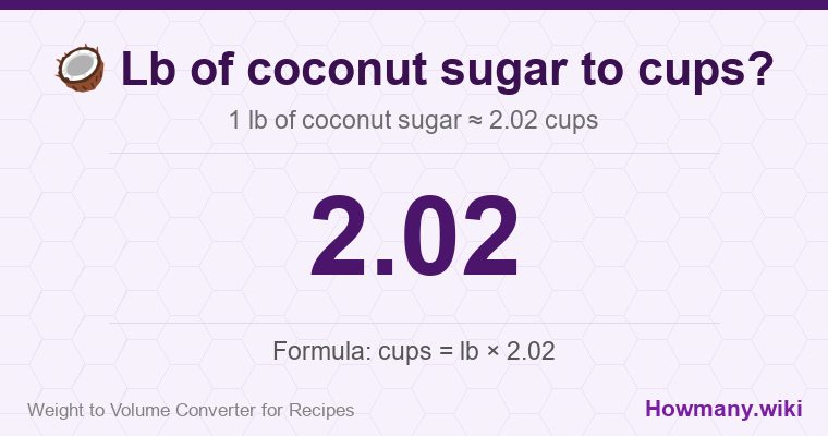 How to convert lb of coconut sugar to cups? 1 lb of coconut sugar ≈ 2.02 cups.