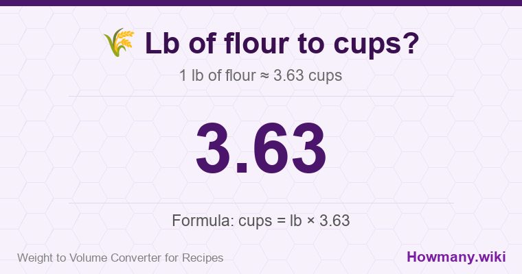 How to convert lb of flour to cups? 1 lb of flour ≈ 3.63 cups.