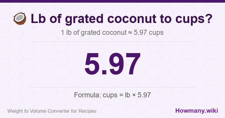 How to convert lb of grated coconut to cups? 1 lb of grated coconut ≈ 5.97 cups.