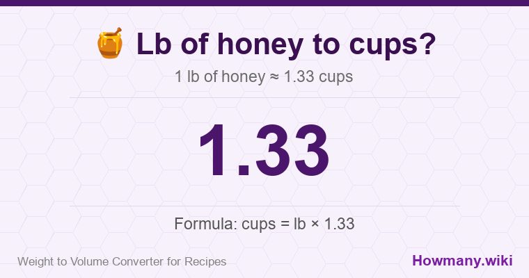 How to convert lb of honey to cups? 1 lb of honey ≈ 1.33 cups.