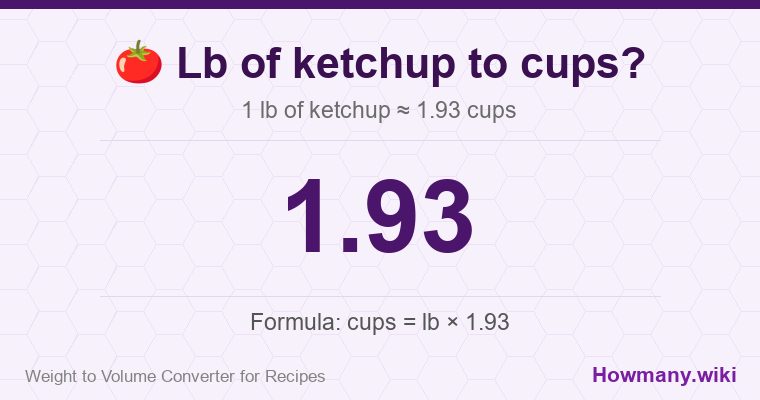 How to convert lb of ketchup to cups? 1 lb of ketchup ≈ 1.93 cups.