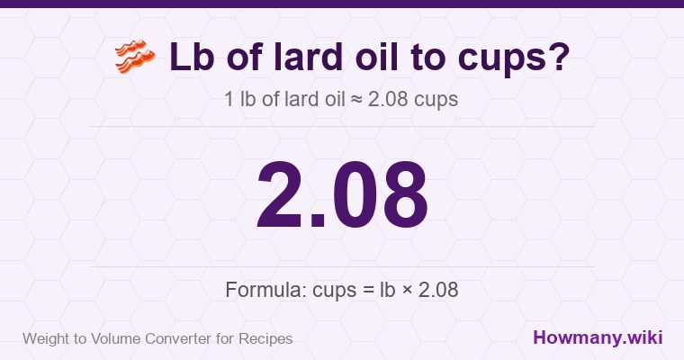 How to convert lb of lard oil to cups? 1 lb of lard oil ≈ 2.08 cups.