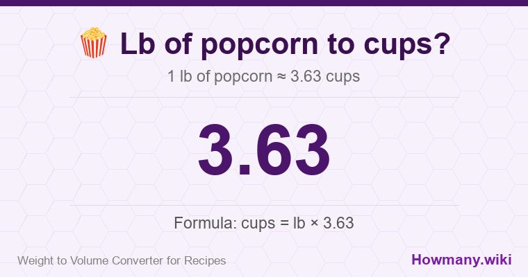 How to convert lb of popcorn to cups? How to convert lb of popcorn to cups? 1 lb of popcorn ≈ 3.63 cups.