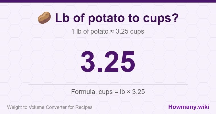 How to convert lb of potato to cups? 1 lb of potato ≈ 3.25 cups.