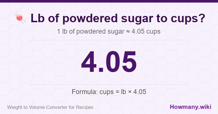 How to convert lb of powdered sugar to cups? 1 lb of powdered sugar ≈ 4.05 cups.