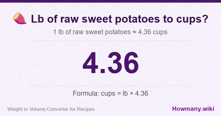 How to convert lb of raw sweet potatoes to cups? 1 lb of raw sweet potatoes ≈ 4.36 cups.