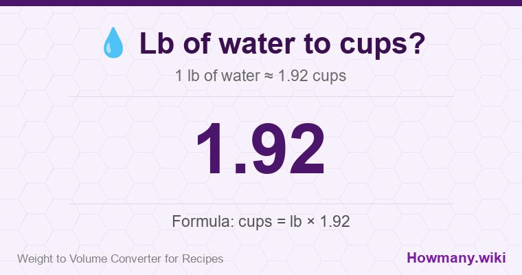 How to convert lb of water to cups? 1 lb of water ≈ 1.92 cups.