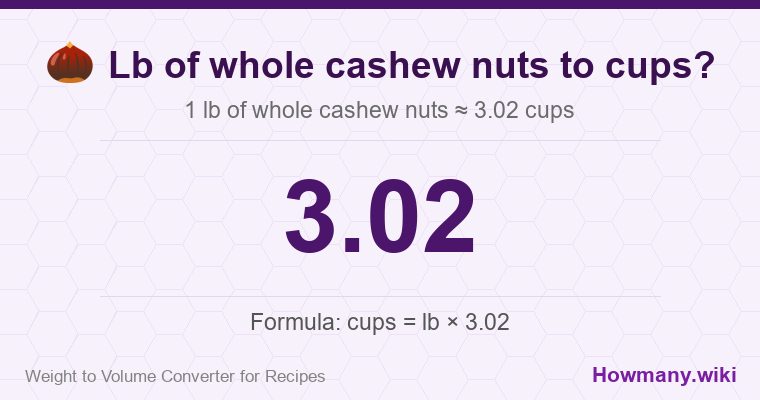 How to convert lb of whole cashew nuts to cups? 1 lb of whole cashew nuts ≈ 3.02 cups.