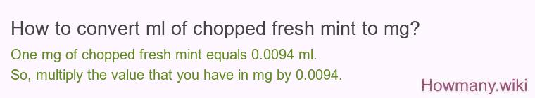 How to convert ml of chopped fresh mint to mg? How to convert ml of chopped fresh mint to mg?