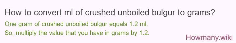 How to convert ml of crushed unboiled bulgur to grams? How to convert ml of crushed unboiled bulgur to grams?