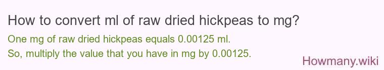 How to convert ml of raw dried hickpeas to mg?