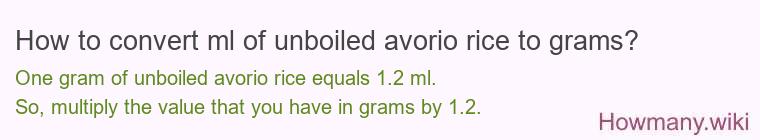 How to convert ml of unboiled avorio rice to grams? How to convert ml of unboiled avorio rice to grams?