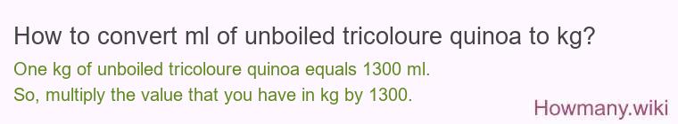 How to convert ml of unboiled tricoloure quinoa to kg?