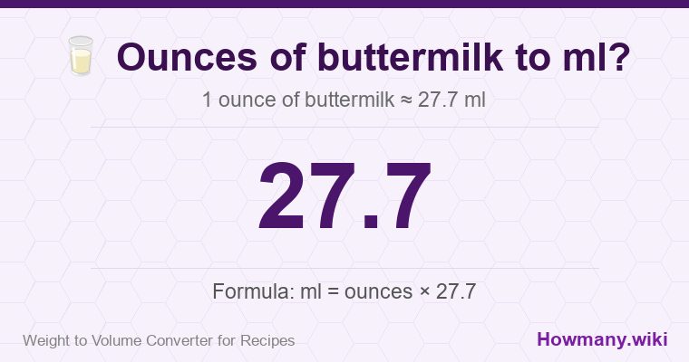 How to convert ounces of buttermilk to ml? 1 ounce of buttermilk ≈ 27.7 ml.