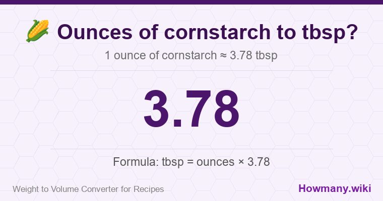 How to convert ounces of cornstarch to tbsp? 1 ounce of cornstarch ≈ 3.78 tbsp.