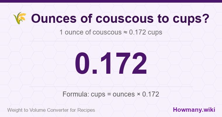 How to convert ounces of couscous to cups? How to convert ounces of couscous to cups? 1 ounce of couscous ≈ 0.172 cups.