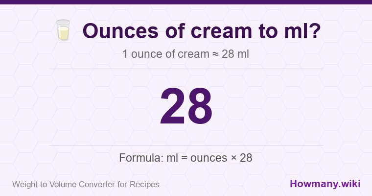 How to convert ounces of cream to ml? How to convert ounces of cream to ml? 1 ounce of cream ≈ 28 ml.