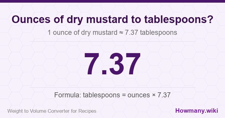 How to convert ounces of dry mustard to tablespoons? 1 ounce of dry mustard ≈ 7.37 tablespoons.