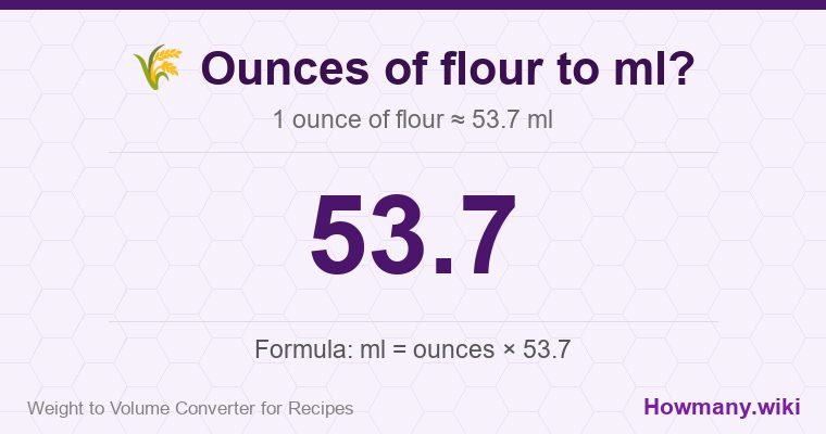How to convert ounces of flour to ml? 1 ounce of flour ≈ 53.7 ml.