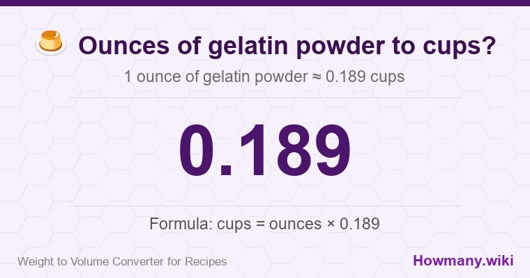 How to convert ounces of gelatin powder to cups? How to convert ounces of gelatin powder to cups? 1 ounce of gelatin powder ≈ 0.189 cups.