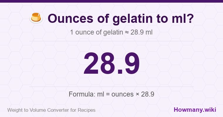 How to convert ounces of gelatin to ml? 1 ounce of gelatin ≈ 28.9 ml.