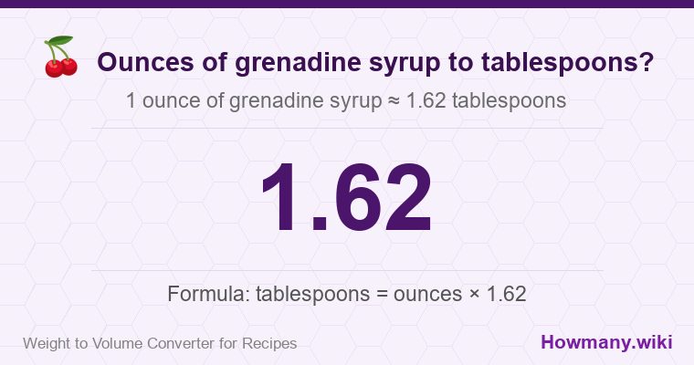 How to convert ounces of grenadine syrup to tablespoons? 1 ounce of grenadine syrup ≈ 1.62 tablespoons.
