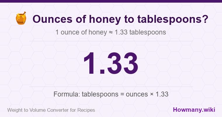 How to convert ounces of honey to tablespoons? 1 ounce of honey ≈ 1.33 tablespoons.