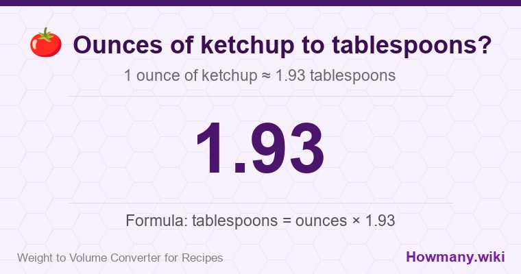 How to convert ounces of ketchup to tablespoons? 1 ounce of ketchup ≈ 1.93 tablespoons.