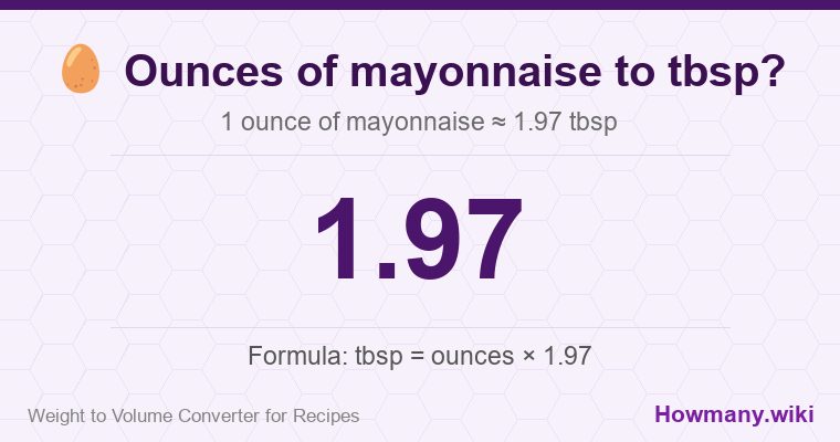 How to convert ounces of mayonnaise to tbsp? 1 ounce of mayonnaise ≈ 1.97 tbsp.