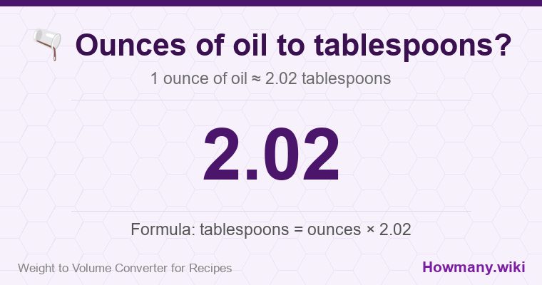 How to convert ounces of oil to tablespoons? How to convert ounces of oil to tablespoons? 1 ounce of oil ≈ 2.02 tablespoons.